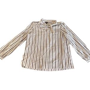 Ann Taylor Factory Top Women's Large White Striped Long Sleeve Tie Neck Blouse